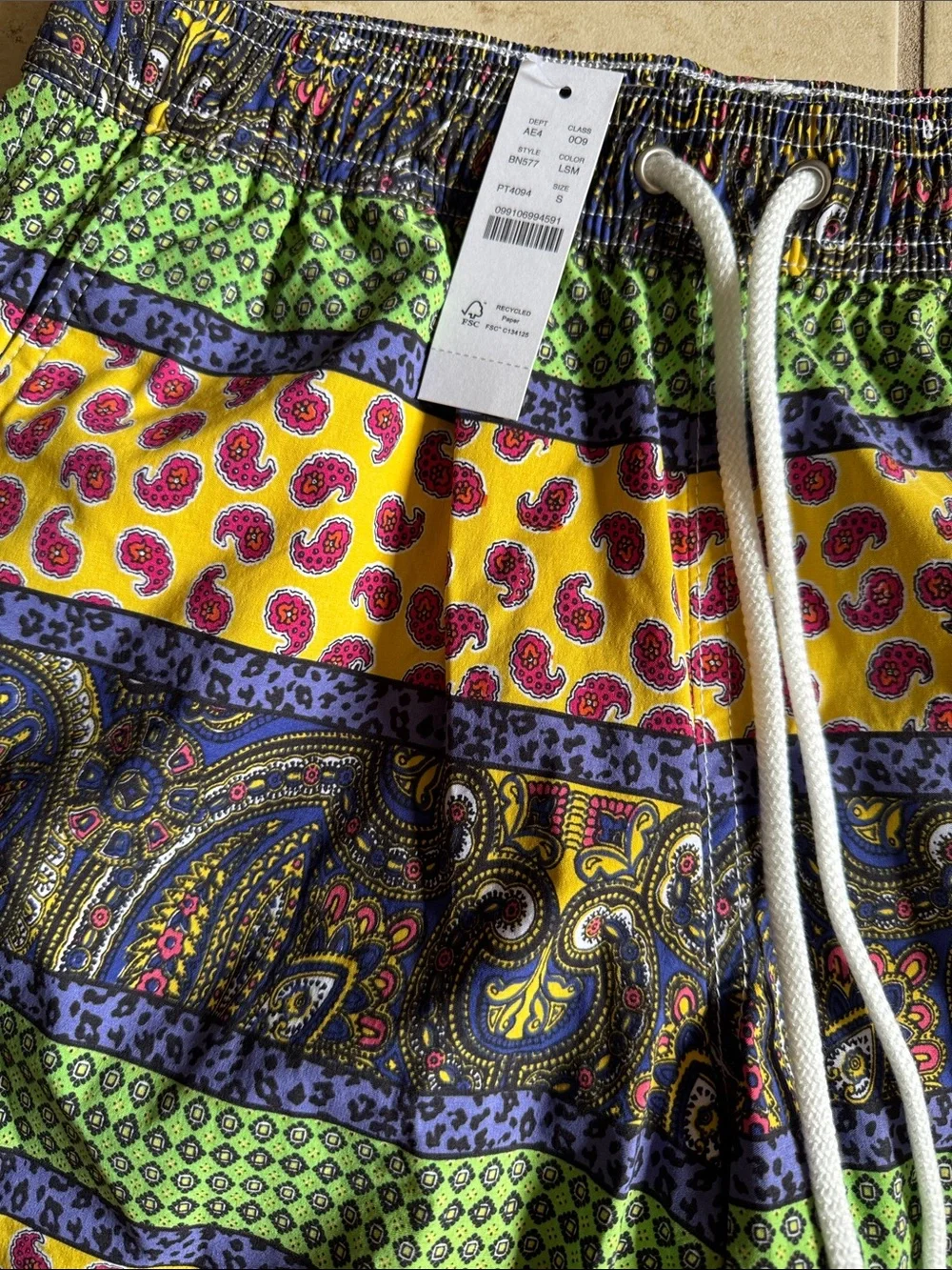 J Crew Men's Multicolored Paisley Print Stripe Mesh Lined Swim Trunks NWT Small
